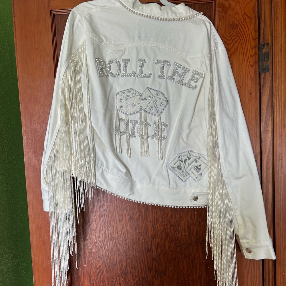 Rue De Seine White Jean Jacket with Fringe
